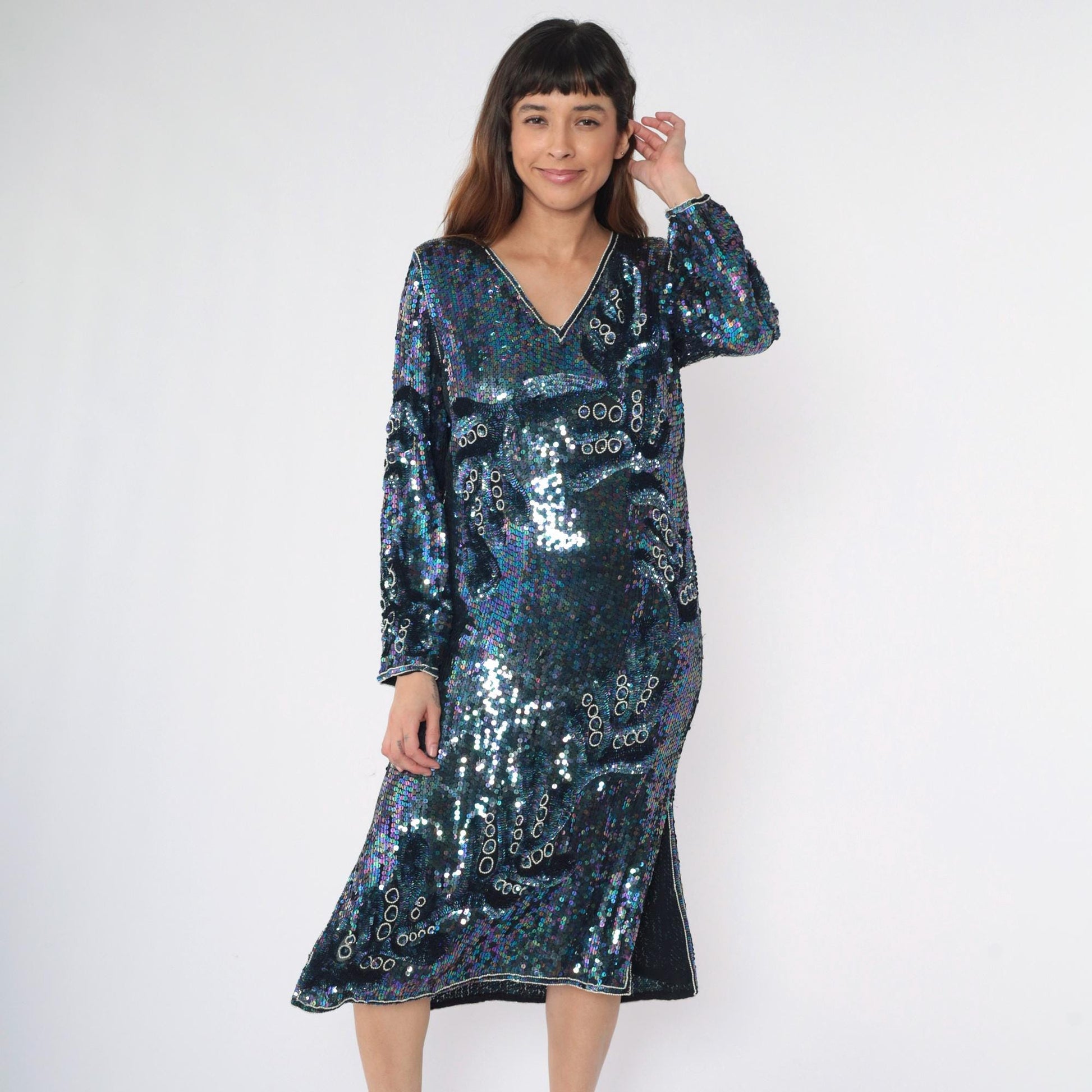 80s Blue Sequin Silk Midi Dress Iridescent Beaded V-Neck Long Sleeve Small