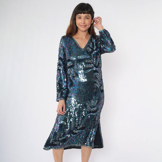 80s Blue Sequin Silk Midi Dress Iridescent Beaded V-Neck Long Sleeve Small