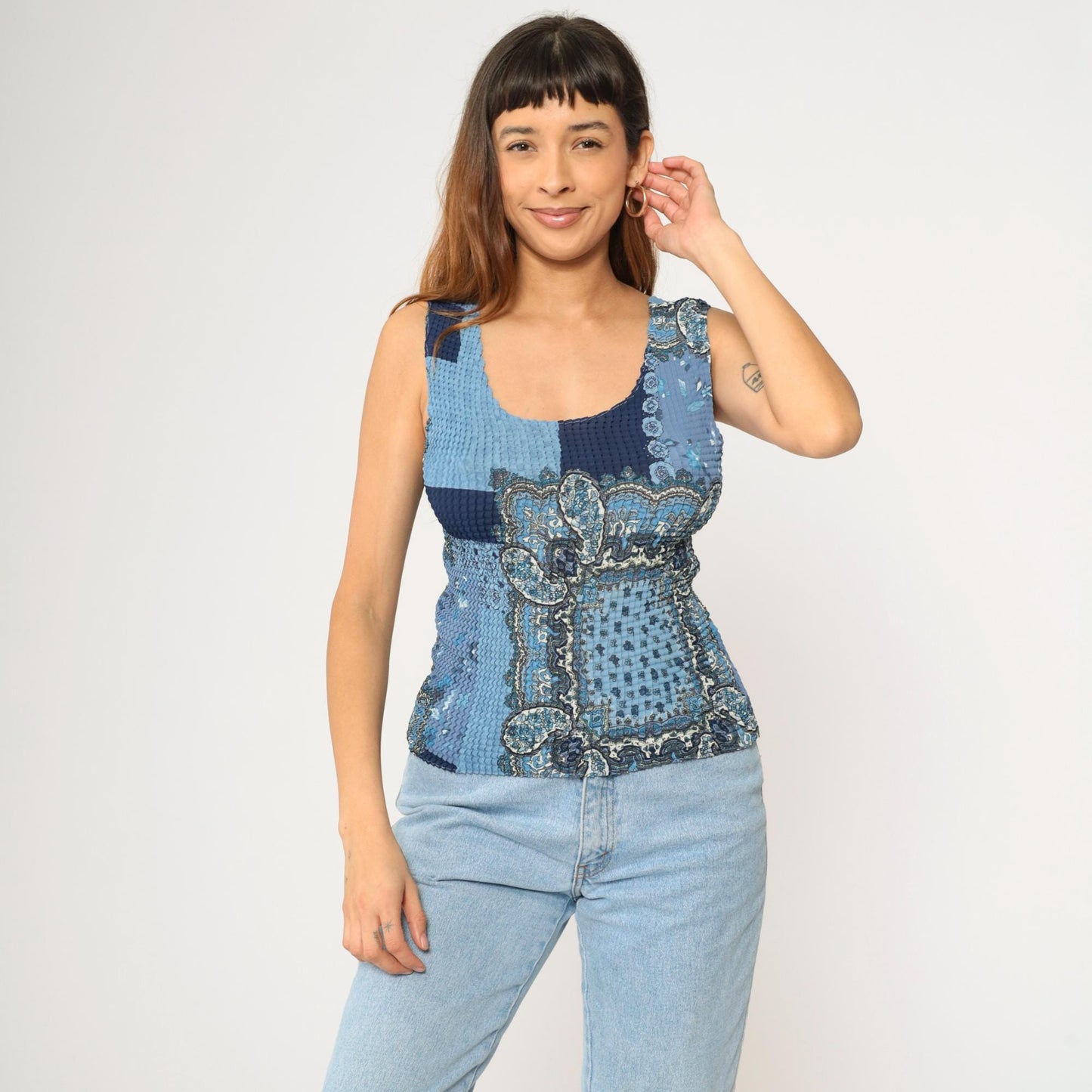 Y2K Paisley Patchwork Tank Top Blue Crinkle Textured Scoop Neck Large L