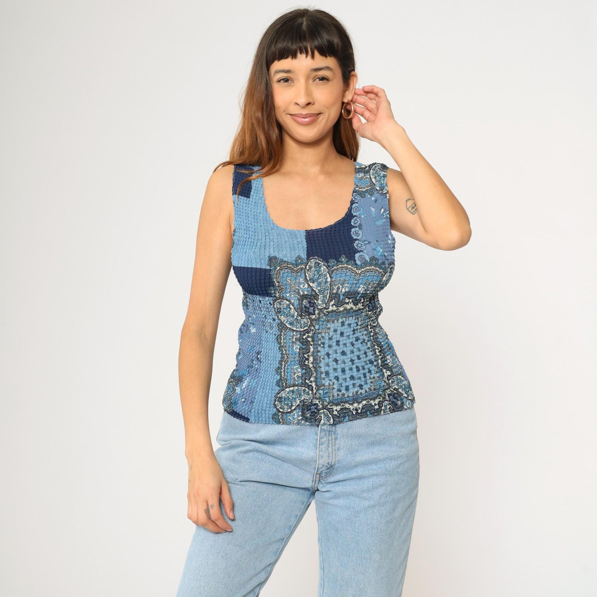 Y2K Paisley Patchwork Tank Top Blue Crinkle Textured Scoop Neck Large L