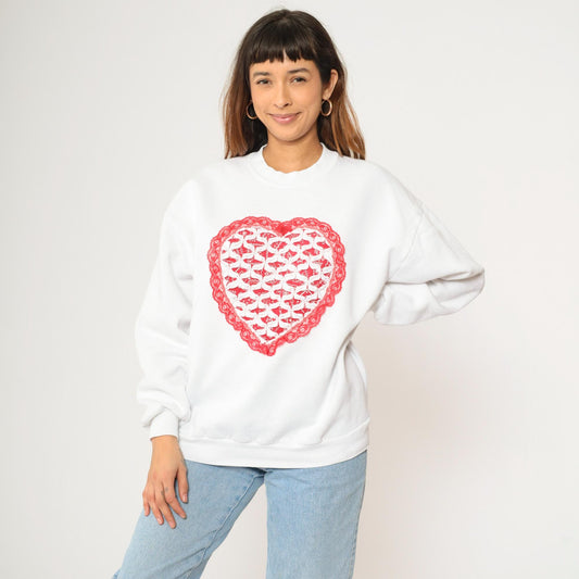 90s Jerzees White Sweatshirt Handkerchief Heart Red Lace Trim Extra Large XXL