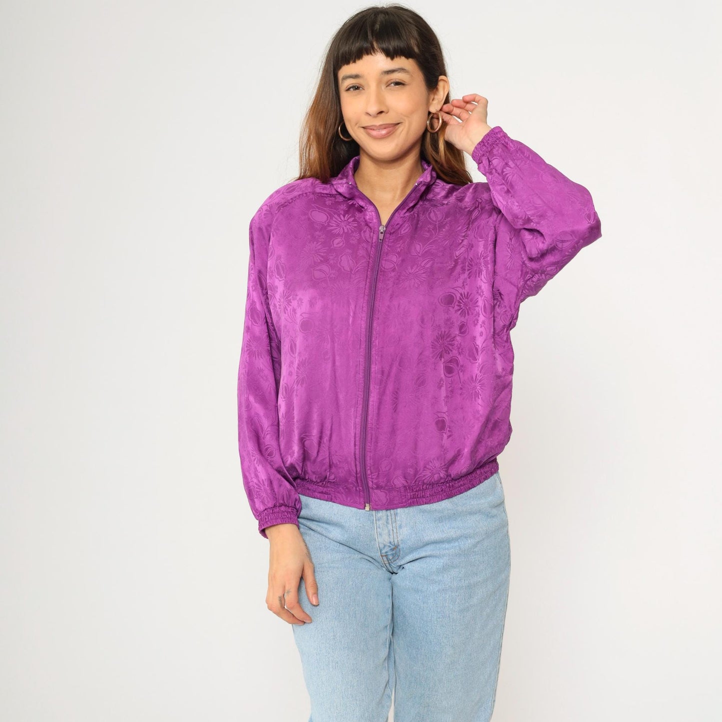90s Silk Floral Jacquard Windbreaker Purple Zip-Up Raglan Jacket Extra Small