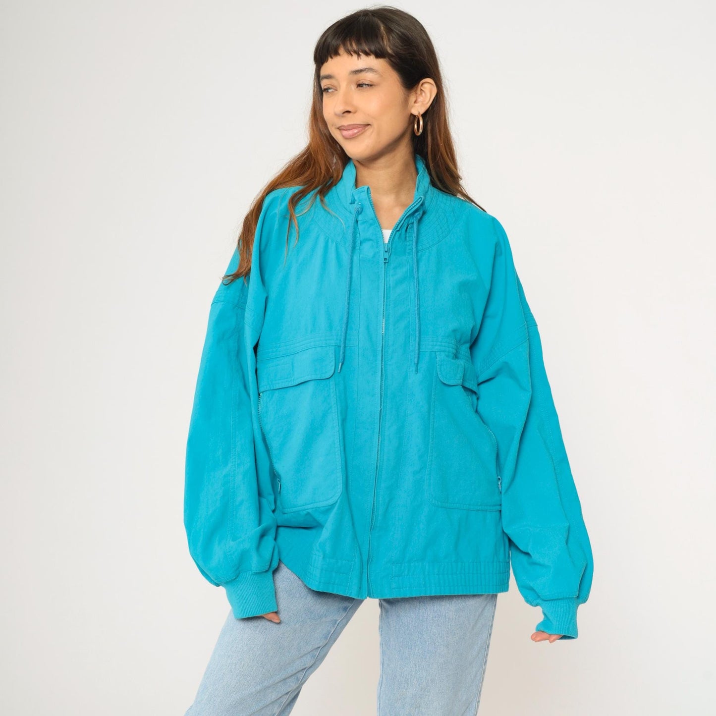 90s Turquoise Windbreaker Jacket Cargo Pockets Drawstring Neck XXL