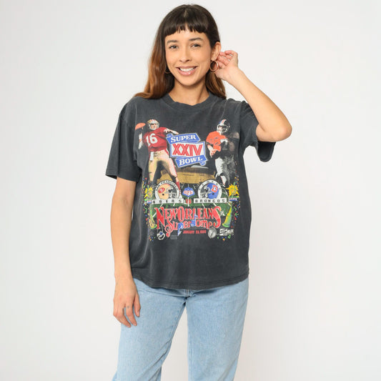 90s Super Bowl XXIV T-Shirt San Francisco 49ers Denver Broncos Black Cotton Large