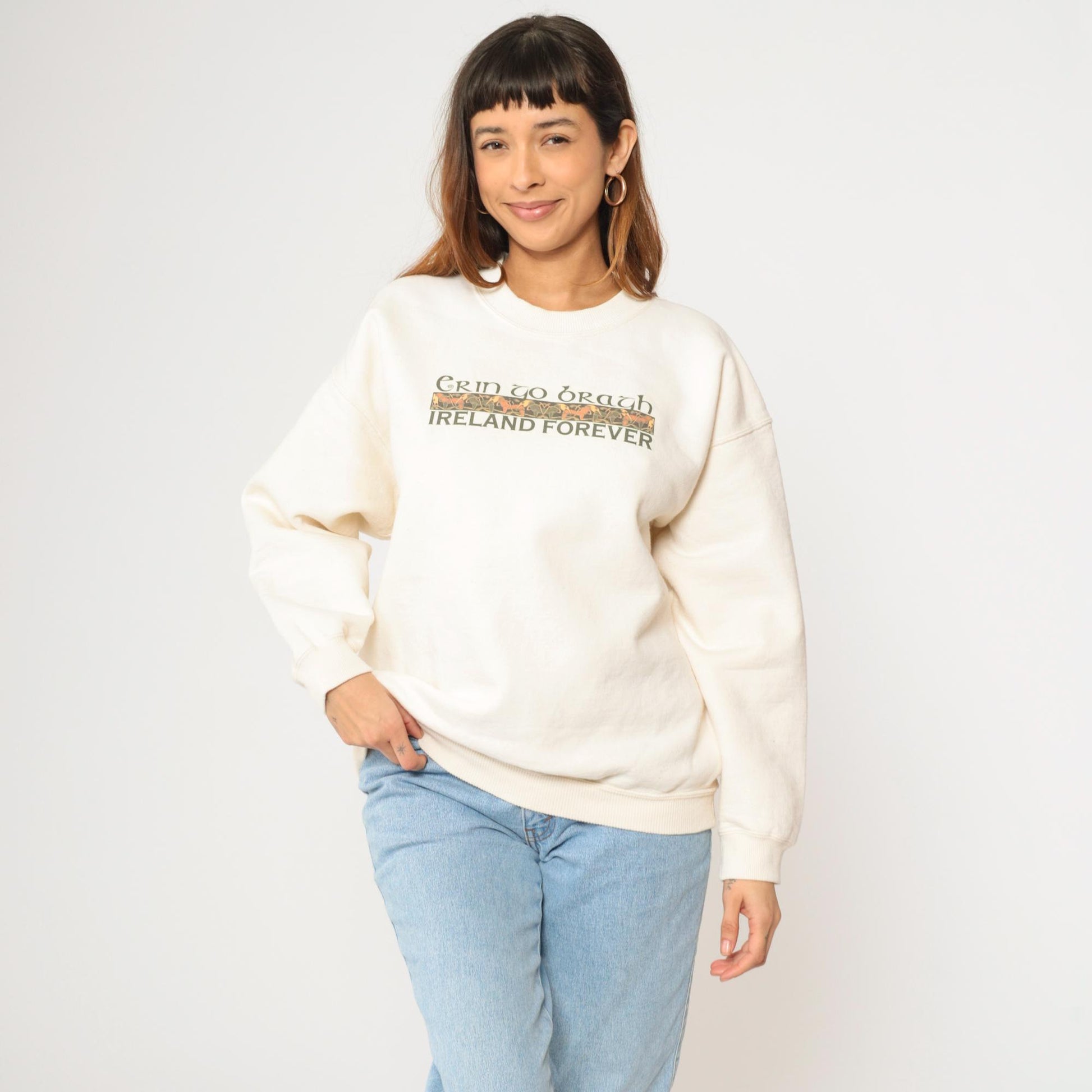 Y2K Ireland Forever Erin Go Bragh Celtic Graphic Sweatshirt Cream Large L