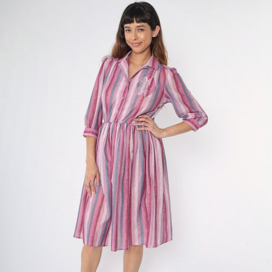80s Pink Purple Striped Midi Shirtdress Embroidered Collar Button Up Medium M