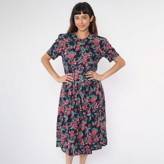 80s Navy Floral Midi Dress Puff Sleeve Basque Waist Smocked Back Medium Petite