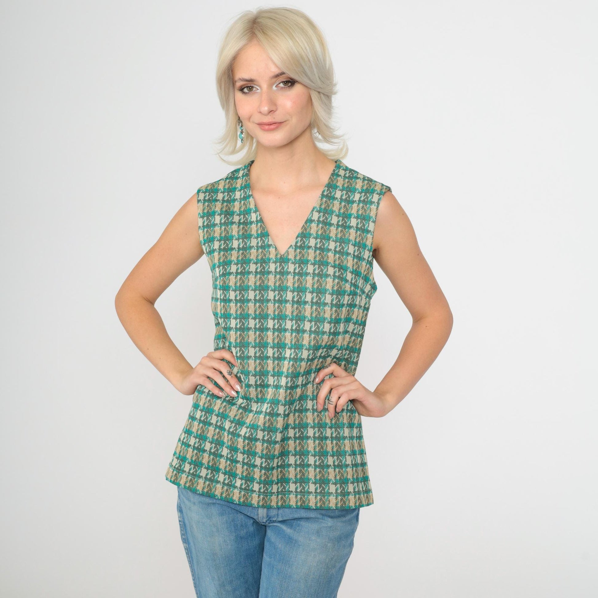 70s Plaid Tank Top Turquoise V-Neck Sleeveless Checkered Shirt Small