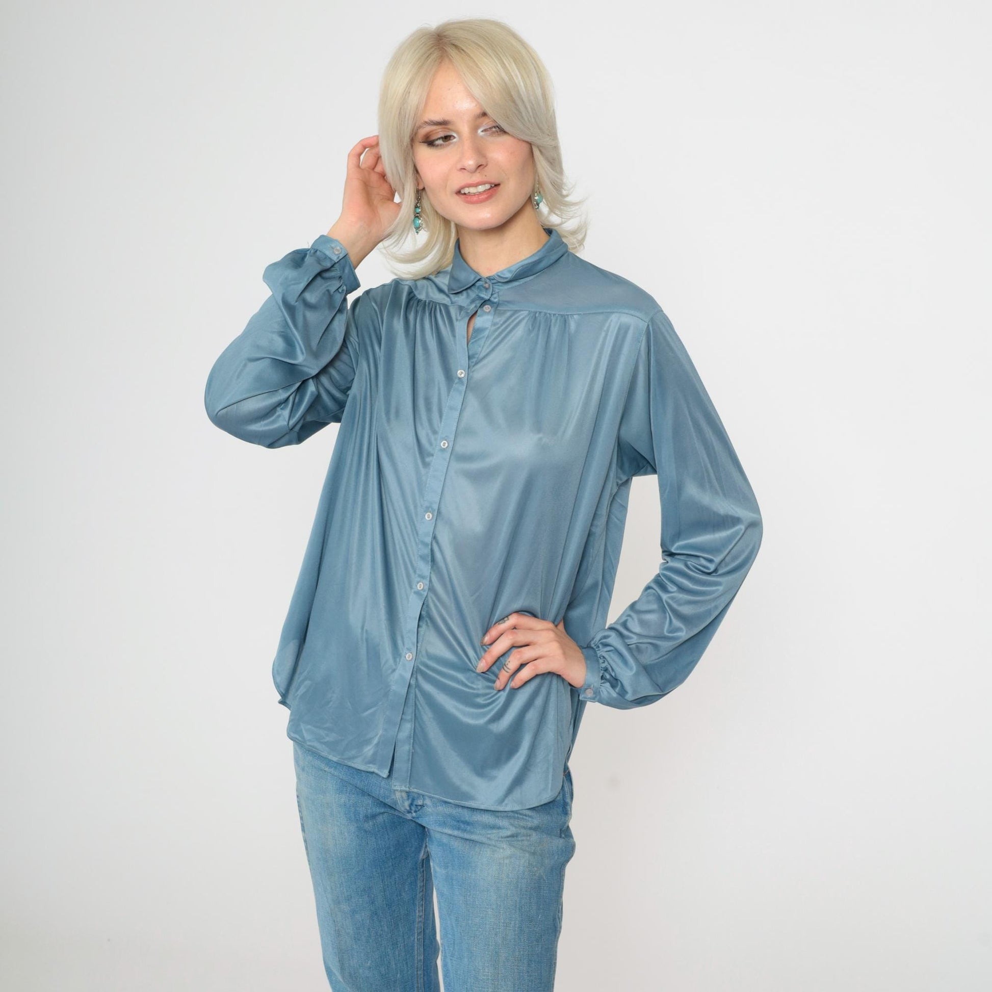 70s Blue Peter Pan Collar Button-Up Blouse Long Sleeve Large L