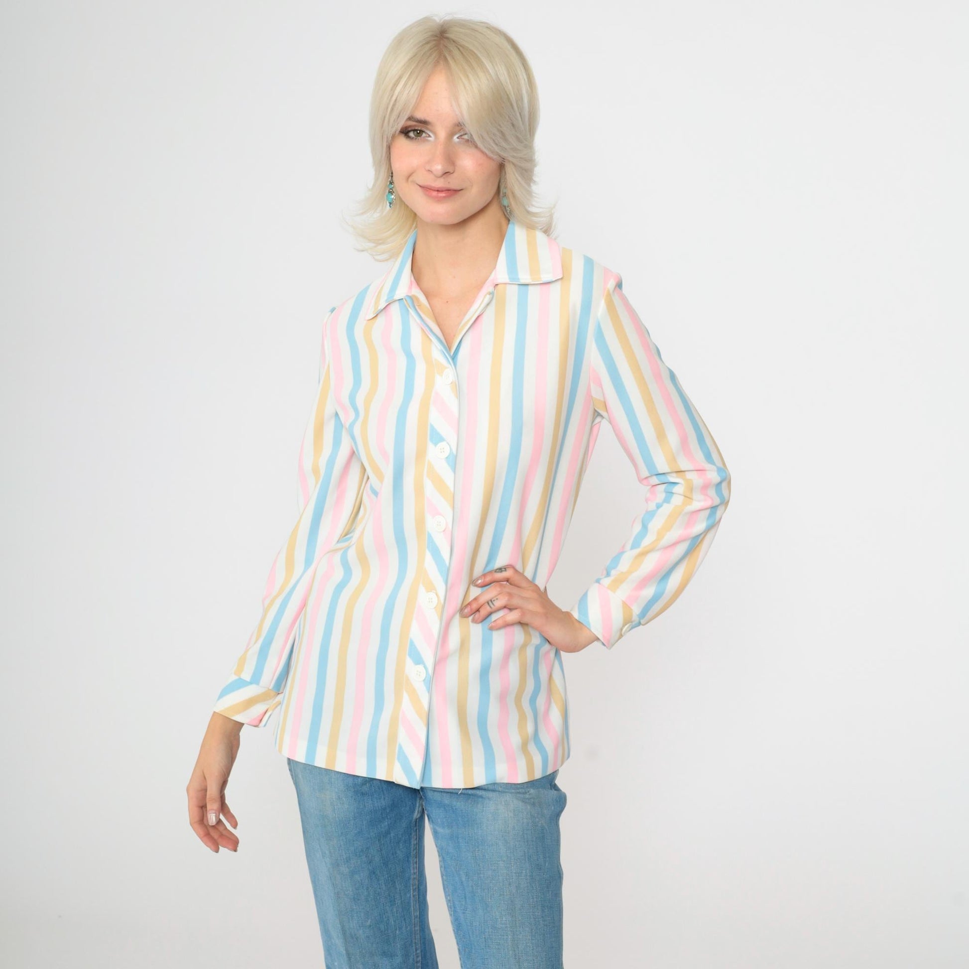 70s Pastel Striped Button-Up Blouse White Pink Blue Long Sleeve Small