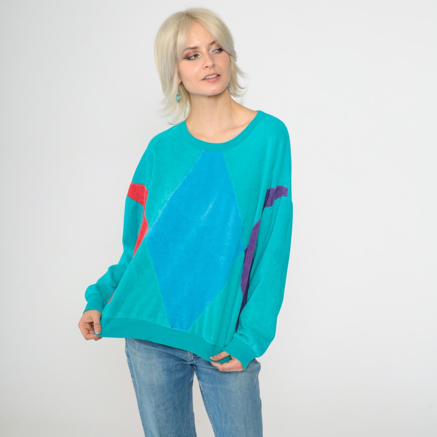80s Turquoise Velour Sweatshirt Color Block Diamond Crewneck Large L