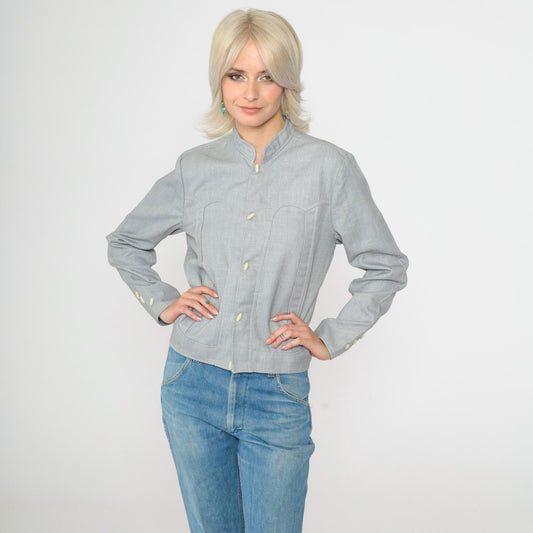 70s Western Jacket Grey Cotton Blend Toggle Button Mandarin Collar Small