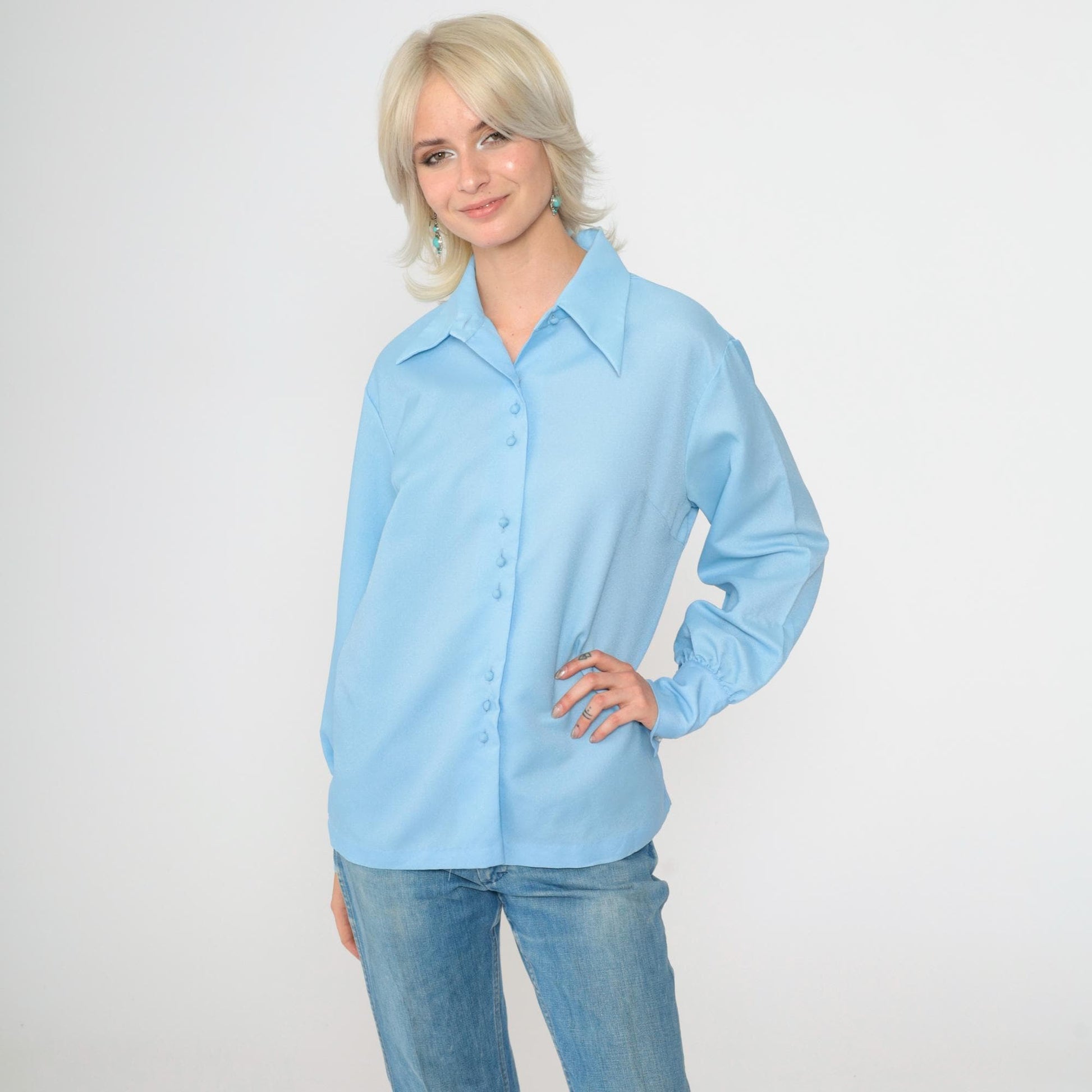 70s Baby Blue Button-Up Blouse Dagger Collar Long Sleeve Small