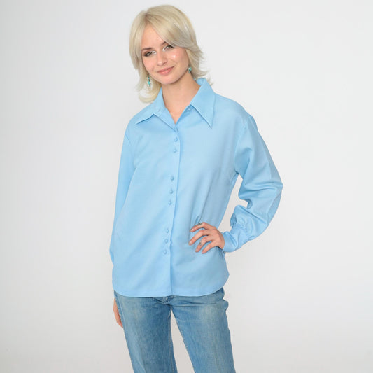 70s Baby Blue Button-Up Blouse Dagger Collar Long Sleeve Small