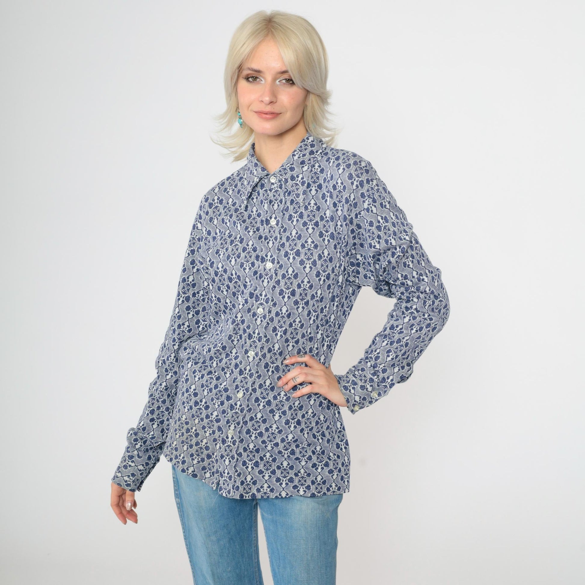 70s Van Heusen Jacquard Geometric Button Up Shirt Blue White Large