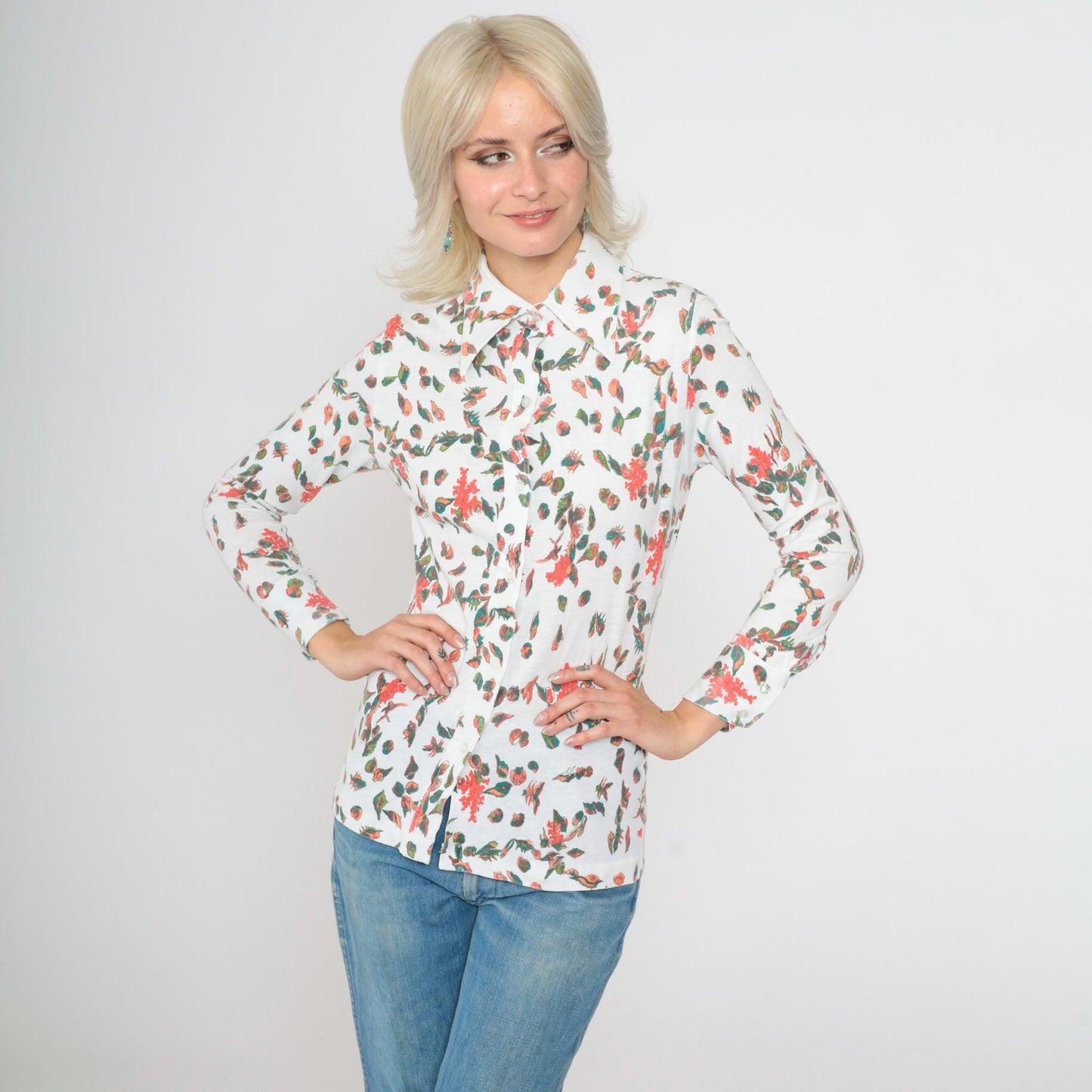 70s Seashell Print Button-Up Blouse White Novelty Shirt Long Sleeve Small