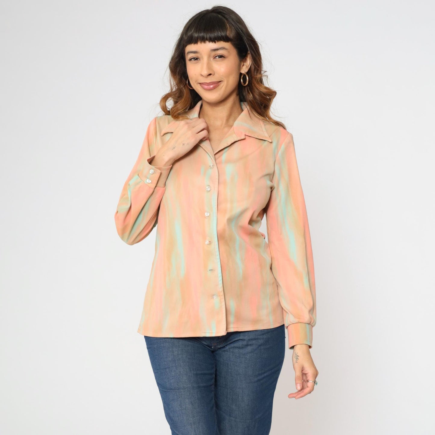 70s Jeanne Durell Abstract Print Button-Up Blouse Peach Aqua Large L