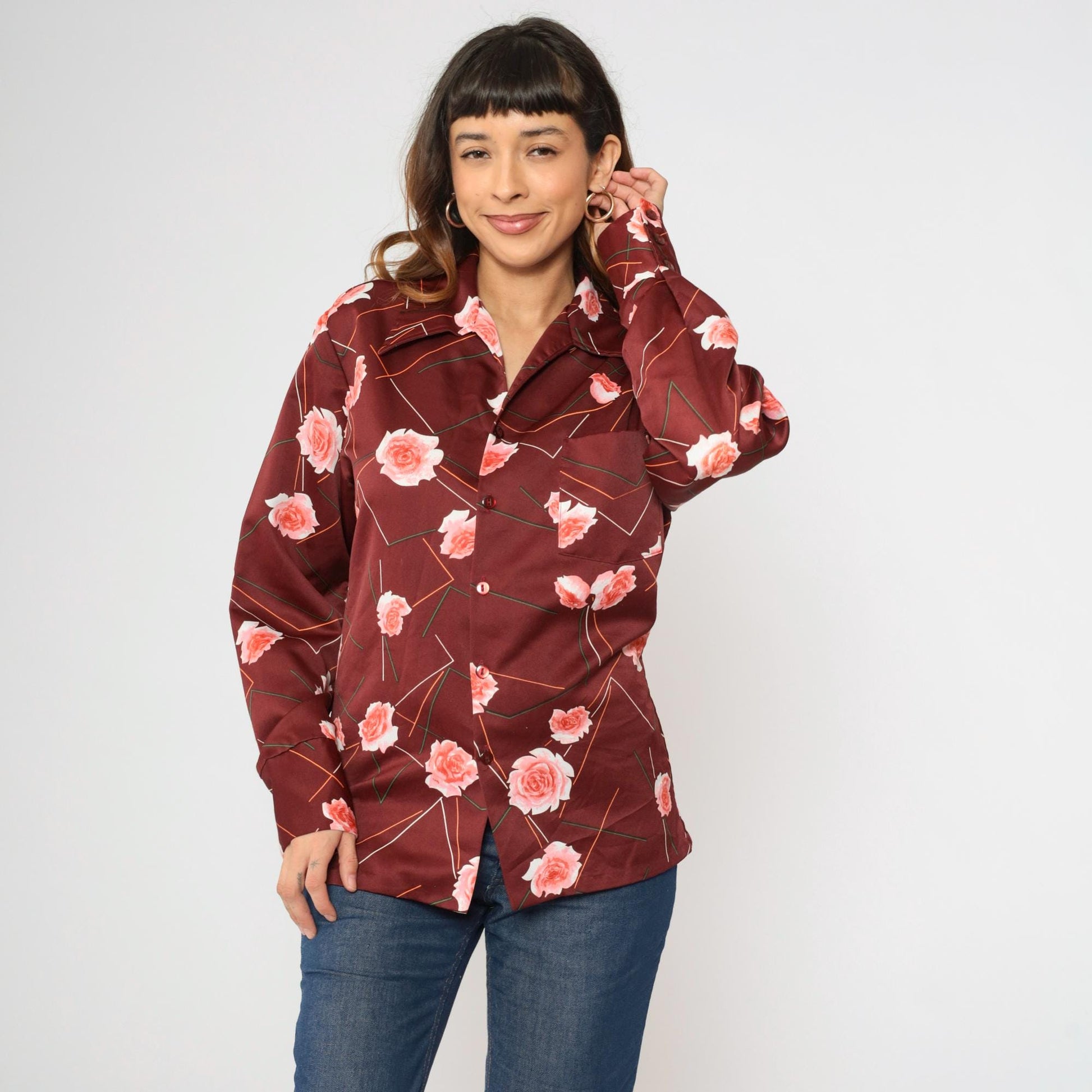 70s Triumph of California Floral Geometric Striped Button Up Shirt Maroon Medium