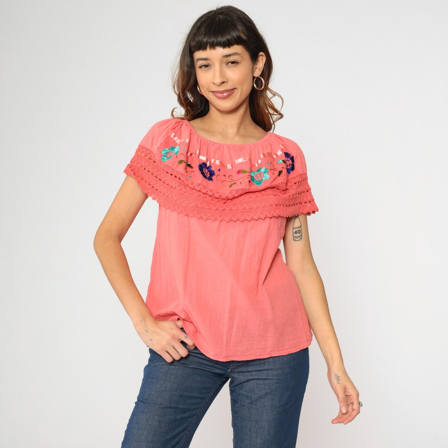 90s Coral Mexican Peasant Blouse Floral Embroidered Off-Shoulder Gauze Top Small