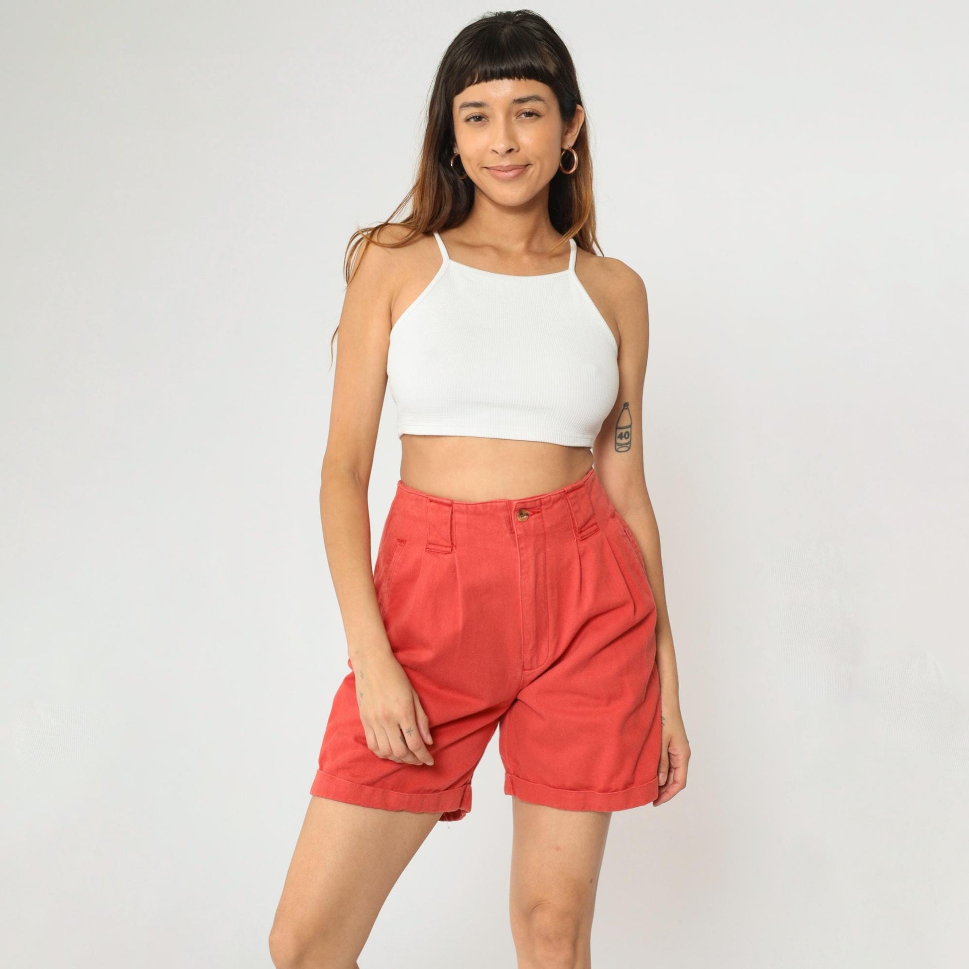 80s Points West Red Cotton Pleated Shorts High Waist Cuffed Small