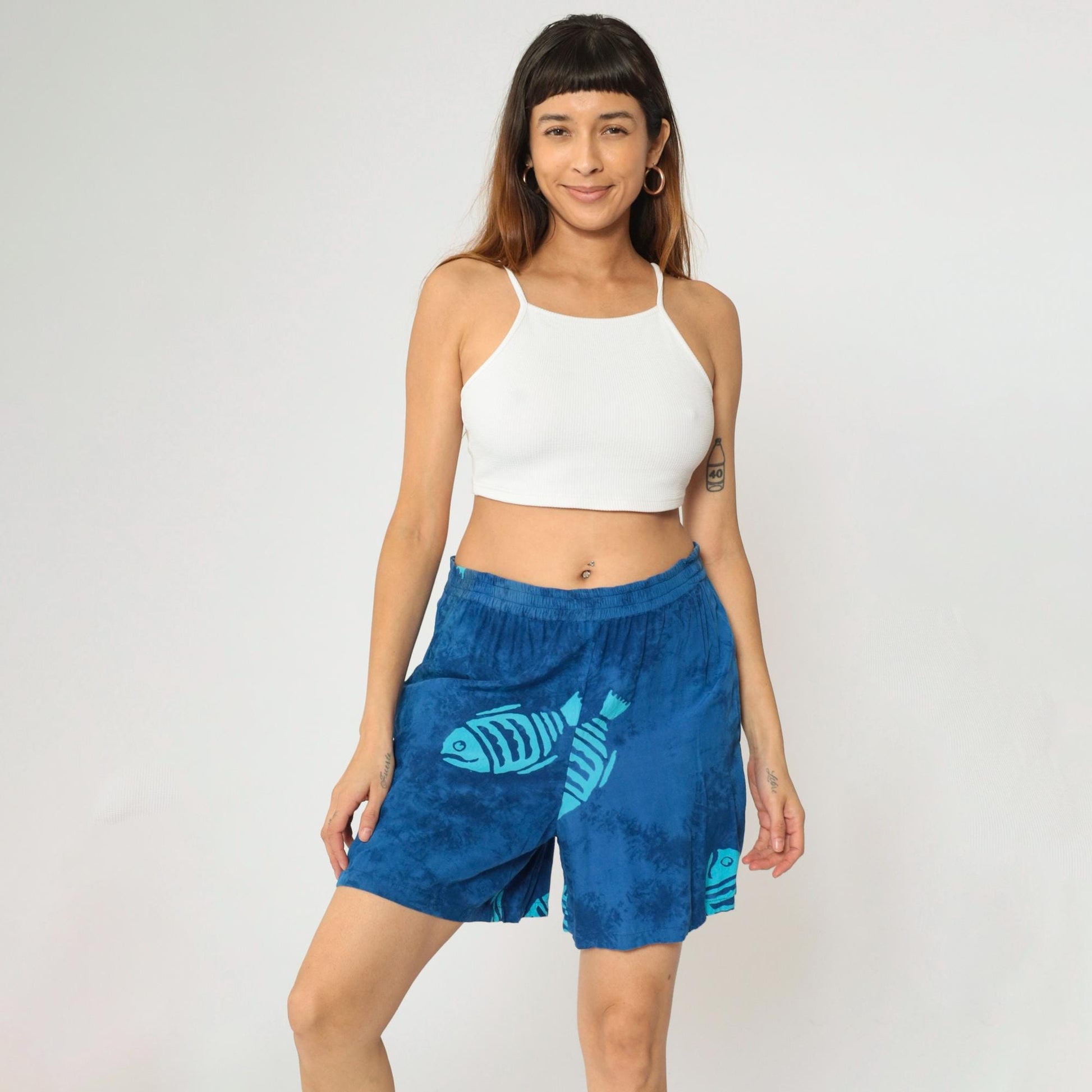 Y2K Blue Tie Dye Fish Print Shorts Elastic Waist Rayon Medium M