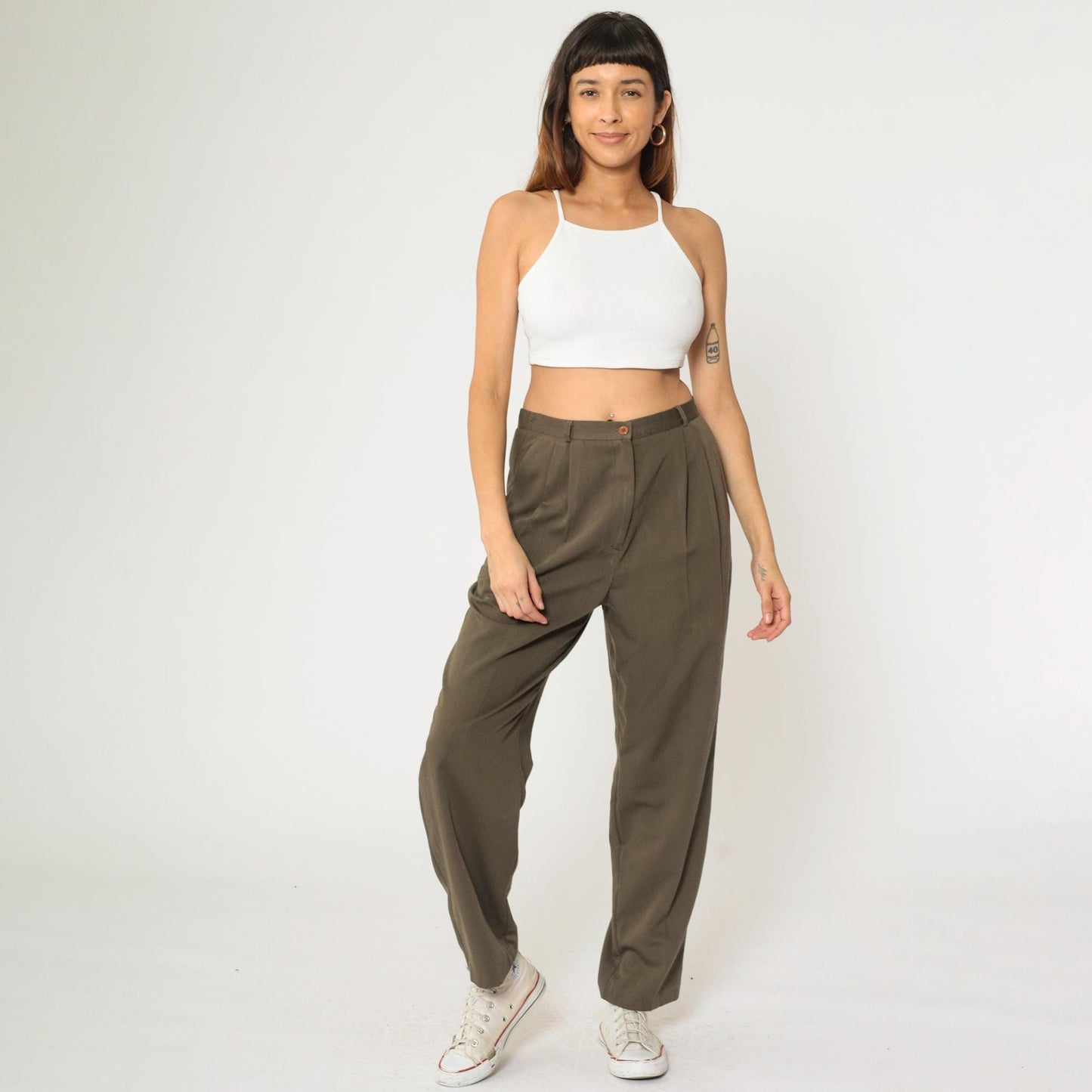 90s Brown Pleated High-Waist Trousers Tapered Leg Medium M