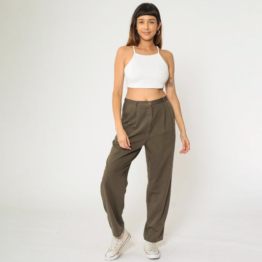 90s Brown Pleated High-Waist Trousers Tapered Leg Medium M