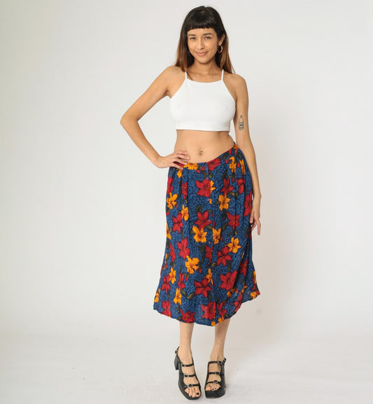 90s Maggie Lawrence Tropical Floral Midi Skirt High Waist Button Up Large L