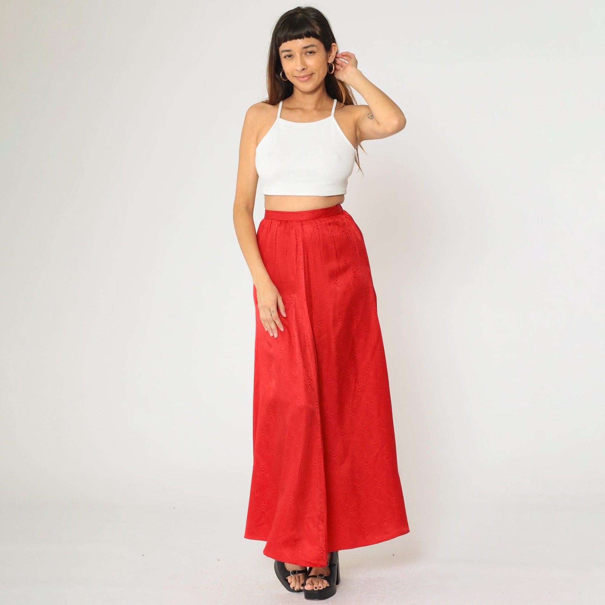 90s Red Moiré Satin Maxi Skirt High Waist A-Line Bias Cut Small
