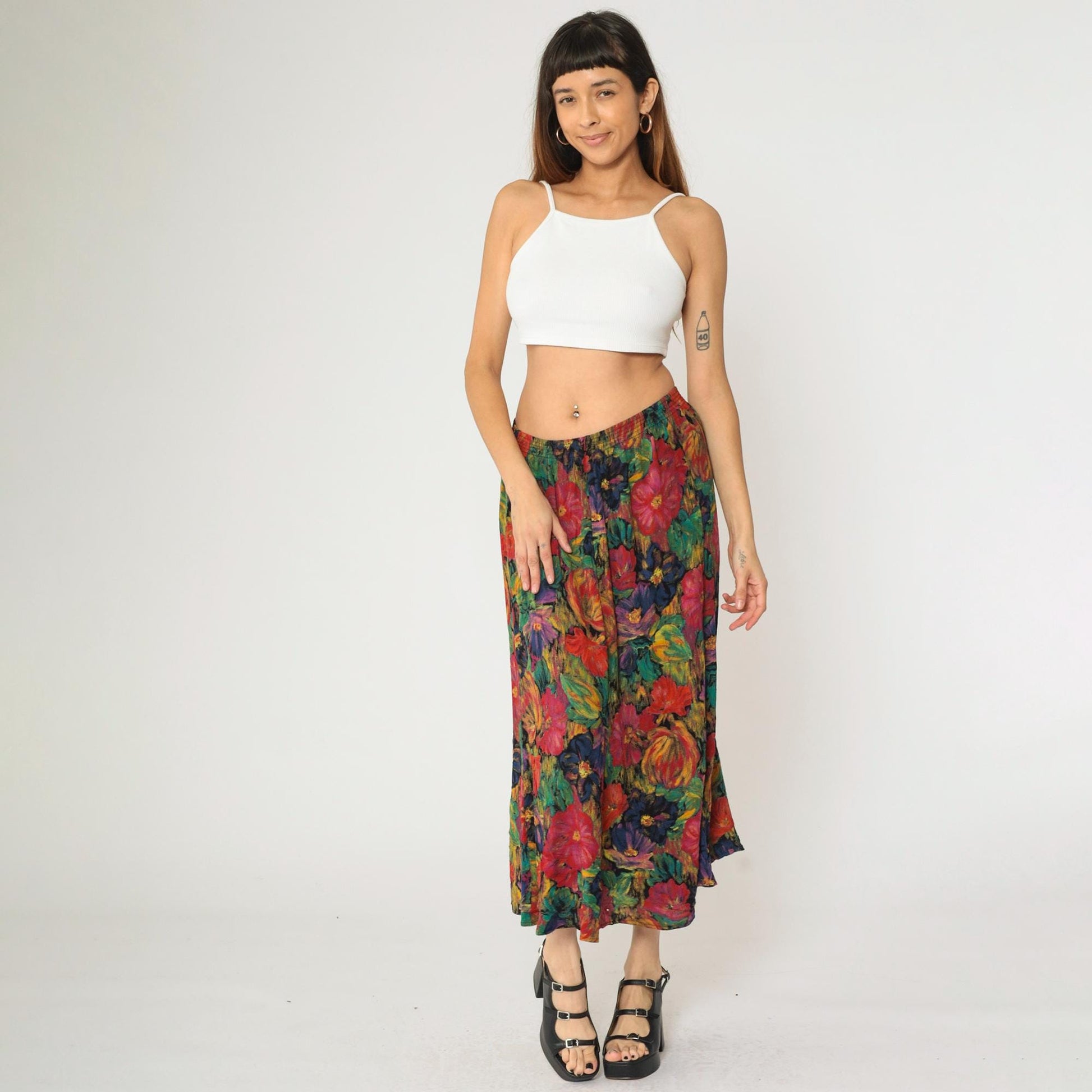90s Floral Midi Skirt Watercolor Print High Elastic Waist Multicolor Large