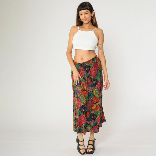 90s Floral Midi Skirt Watercolor Print High Elastic Waist Multicolor Large