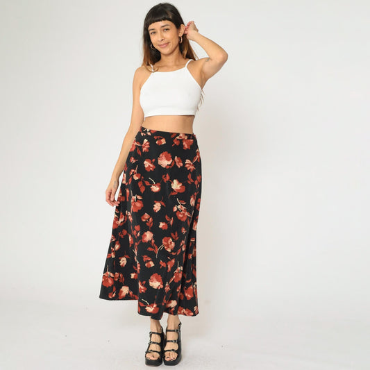 90s Black Floral A-Line Maxi Skirt High Waisted Rust Orange Small