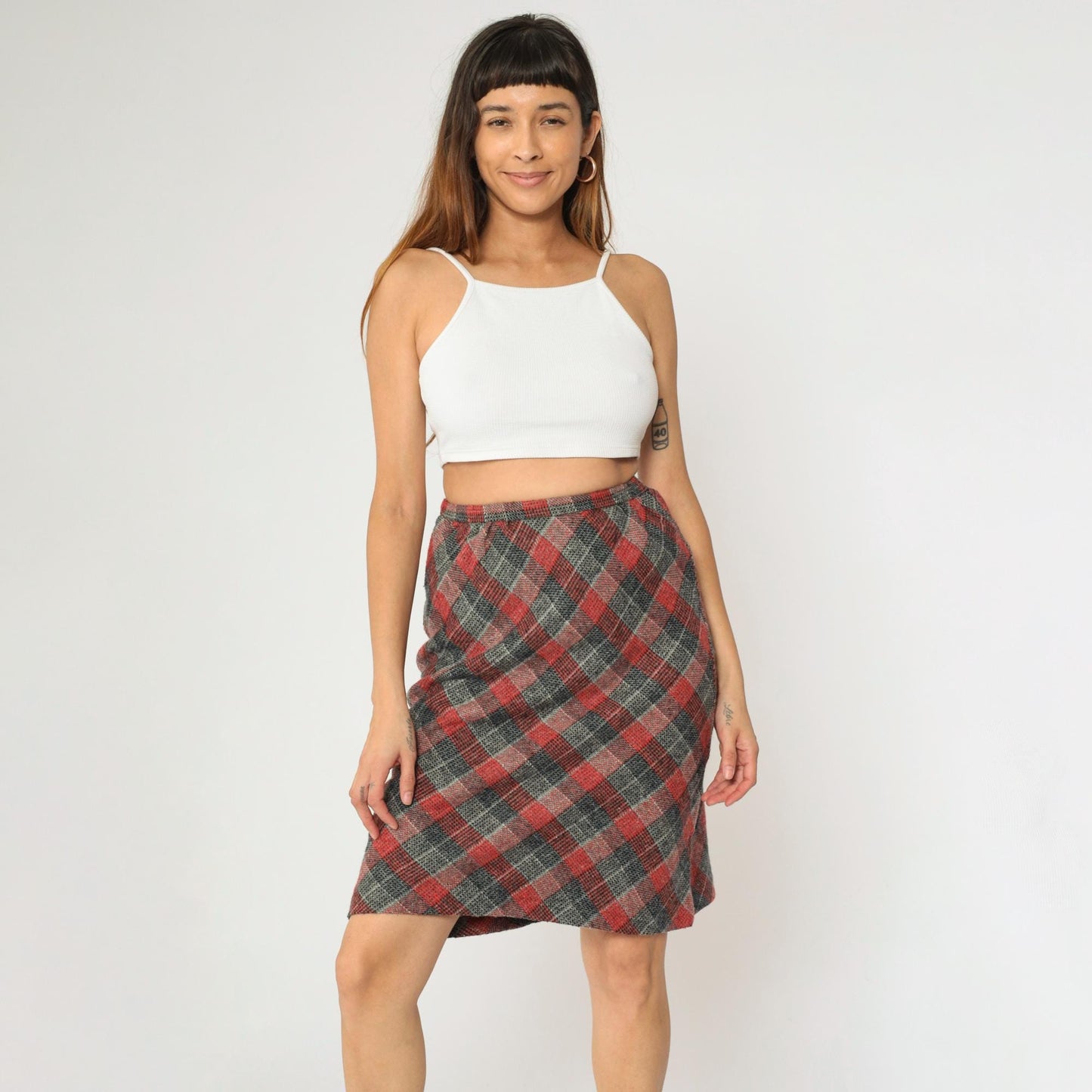 80s Checkered Skirt Grey Red High Waisted Straight Knee Length Extra Small