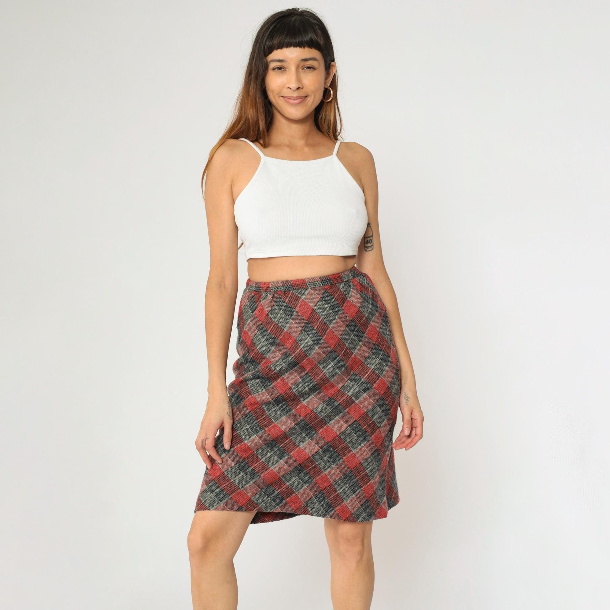 80s Checkered Skirt Grey Red High Waisted Straight Knee Length Extra Small