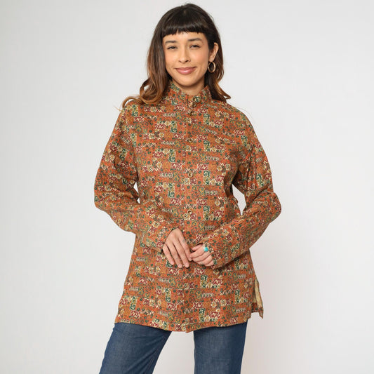 70s Patchwork Floral Stand Collar Tunic Shirt Orange Button Up Medium