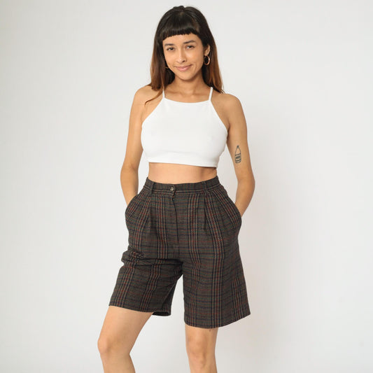 90s Sag Harbor Plaid Wool Shorts High Waisted Pleated Small S