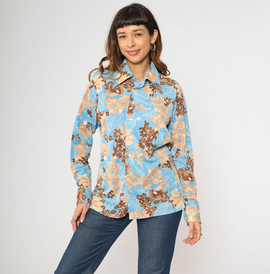 70s Prince Igor Floral Button-Up Shirt Blue Brown Tan Dagger Collar Medium