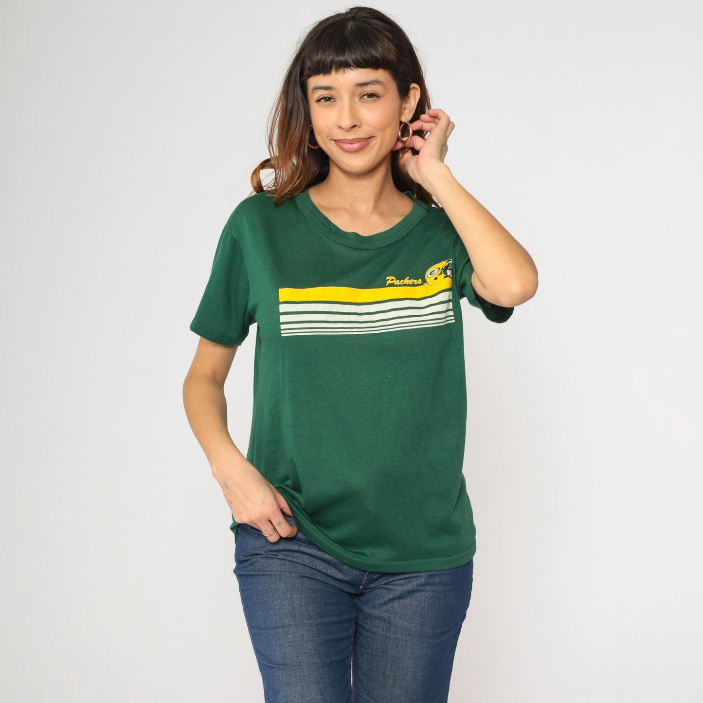 80s Green Bay Packers Graphic T-Shirt Deep Green Striped NFL Football Tee Large
