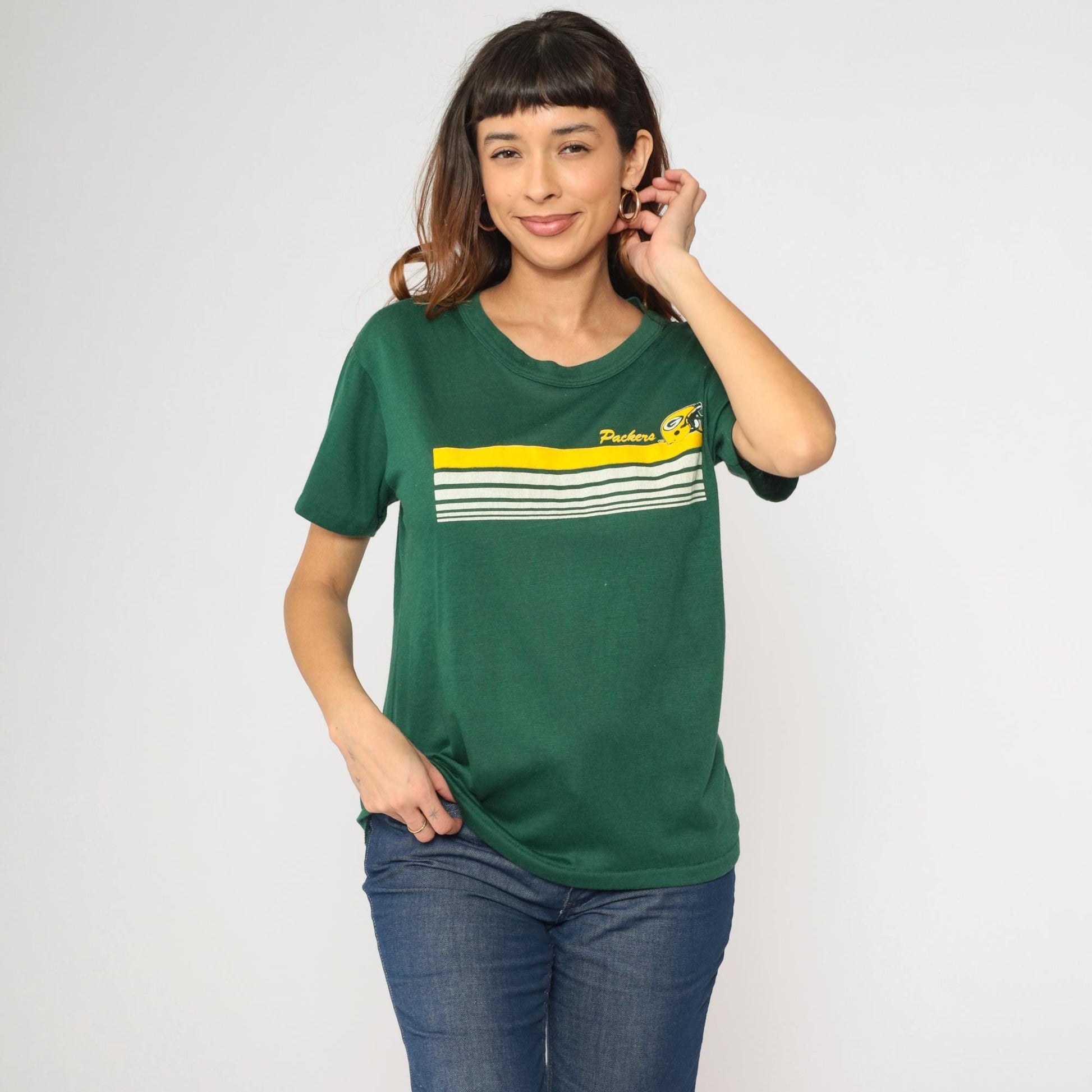 80s Green Bay Packers Graphic T-Shirt Deep Green Striped NFL Football Tee Large