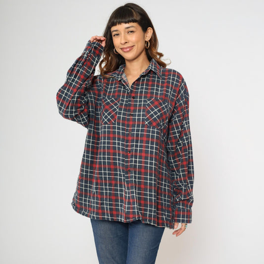 90s Saugatuck Drygoods Plaid Flannel Shirt Red Blue Cotton Button Up Extra Large