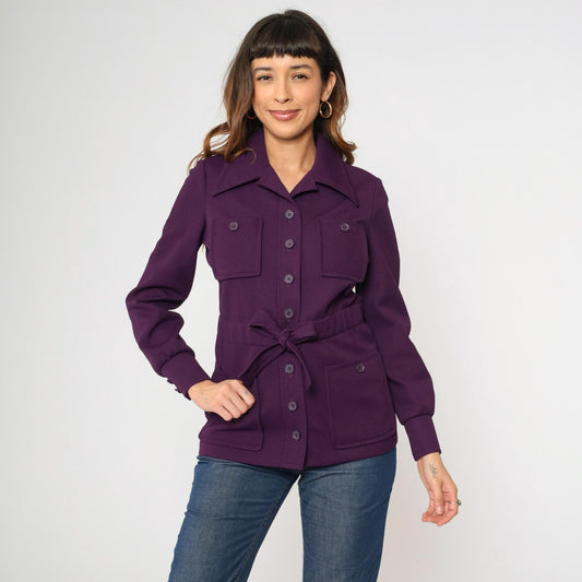 70s Purple Safari Jacket Wide Collar Belted Utility Pockets Small