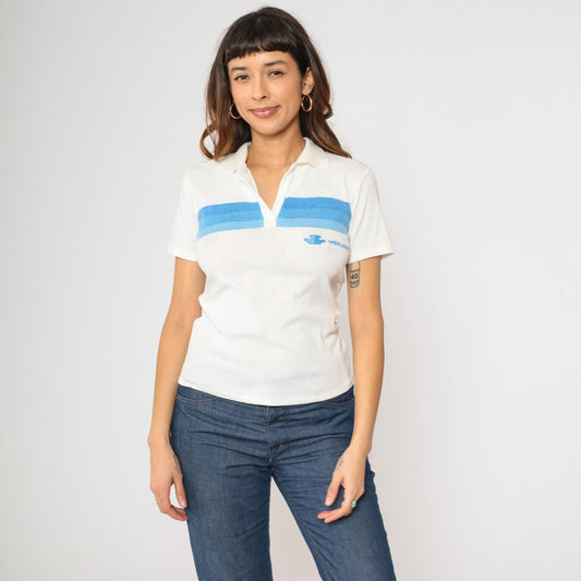 80s Worlowin Gradient Striped Polo Shirt White Blue Johnny Collar Small S