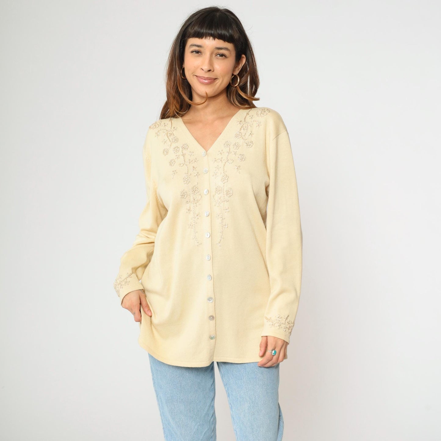 90s Cream Floral Embroidered Cardigan Sweater Longline V Neck Large L
