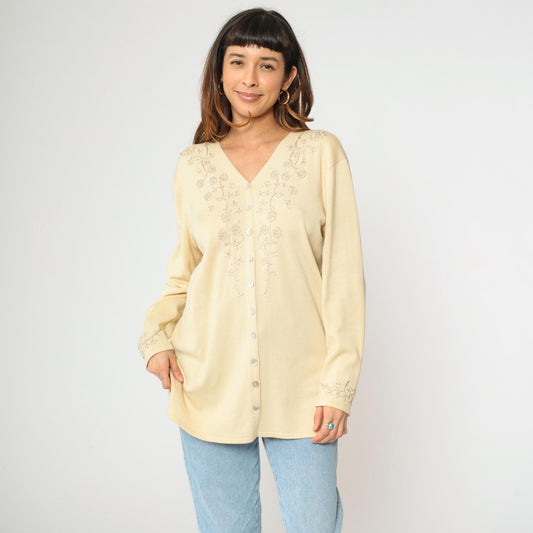 90s Cream Floral Embroidered Cardigan Sweater Longline V Neck Large L
