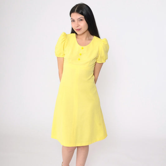 70s Yellow Babydoll Dress Empire Waist Puff Sleeve Mini Scoop Neck Small