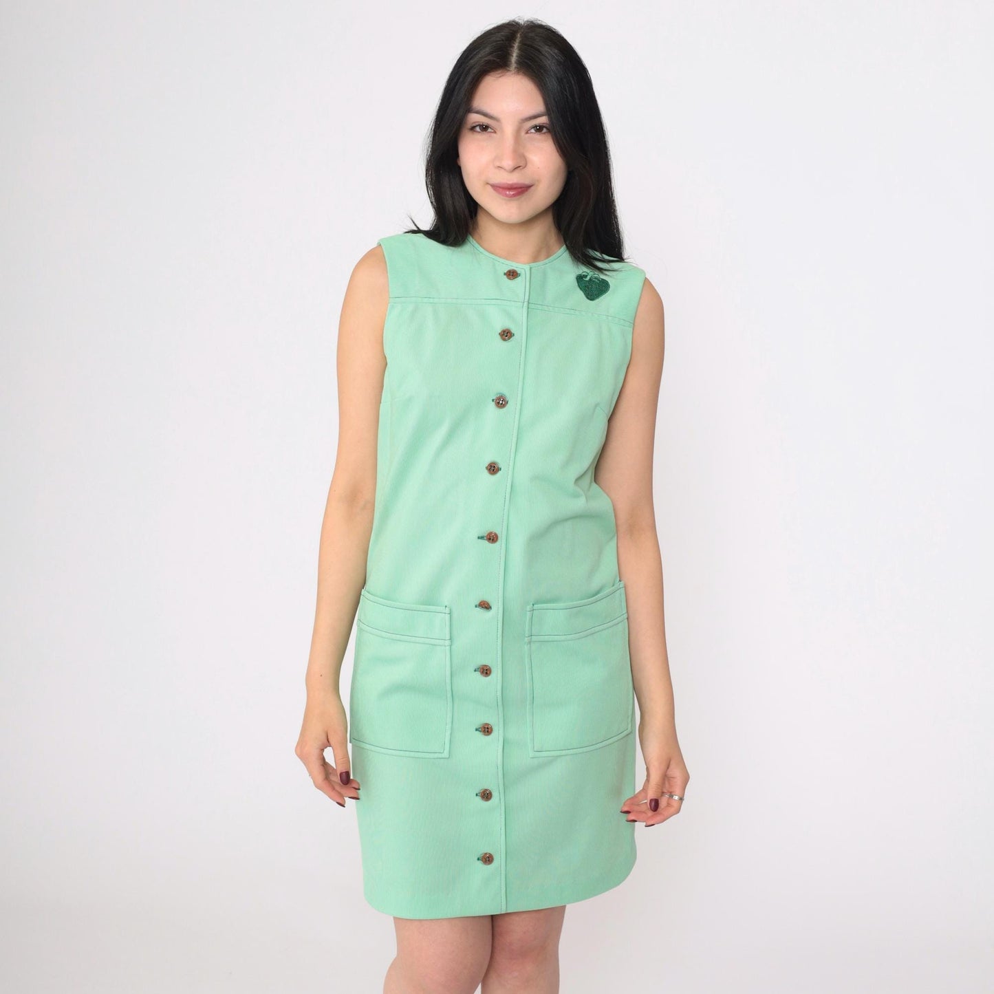 70s Mod Strawberry Shift Dress Green Mini Sleeveless Button Up Small