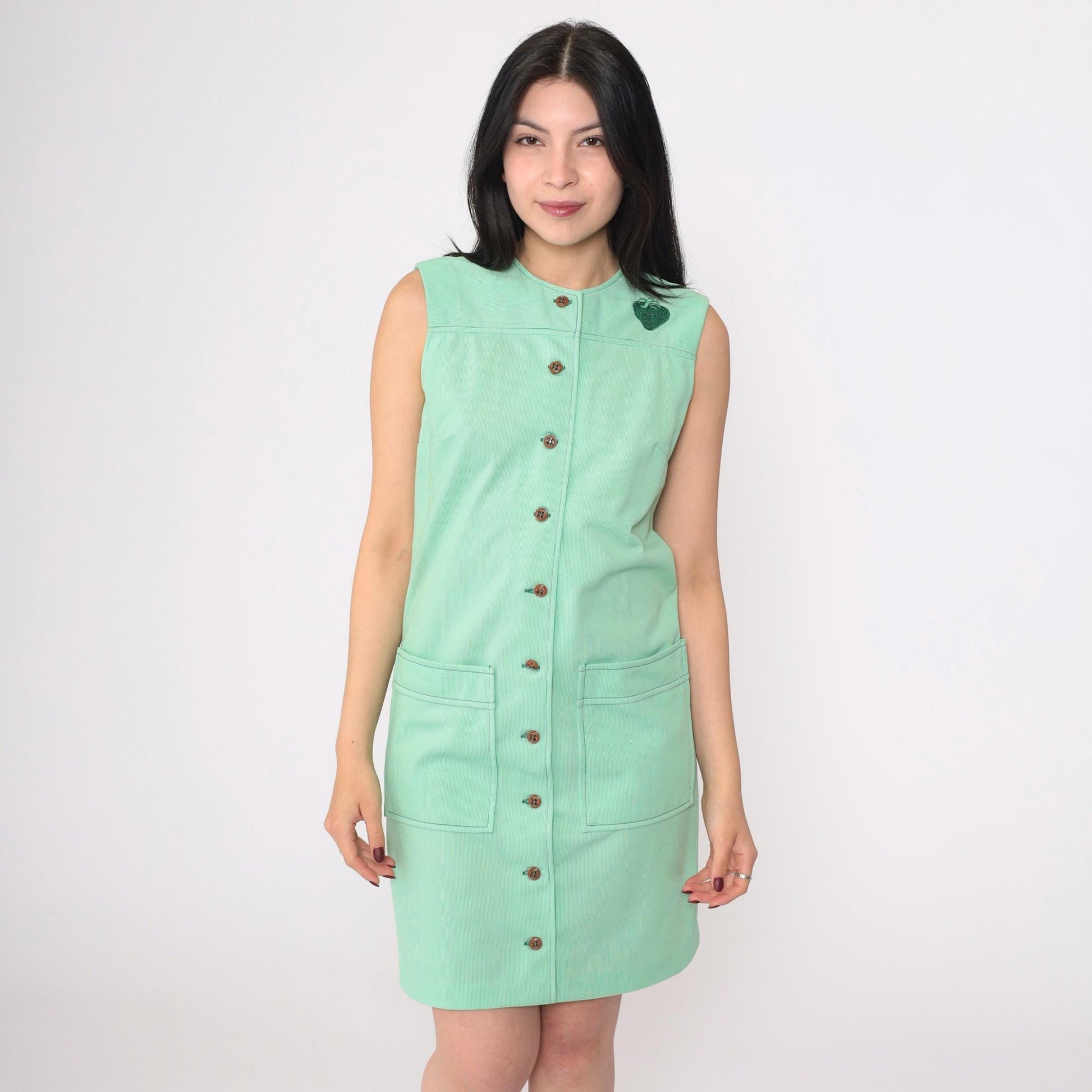 70s Mod Strawberry Shift Dress Green Mini Sleeveless Button Up Small