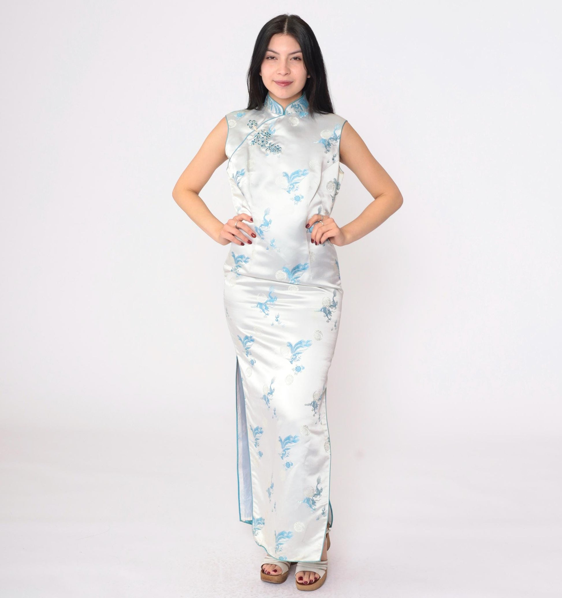 80s Light Blue Satin Cheongsam Maxi Dress Dragon Peacock Brocade Mandarin Collar Small S