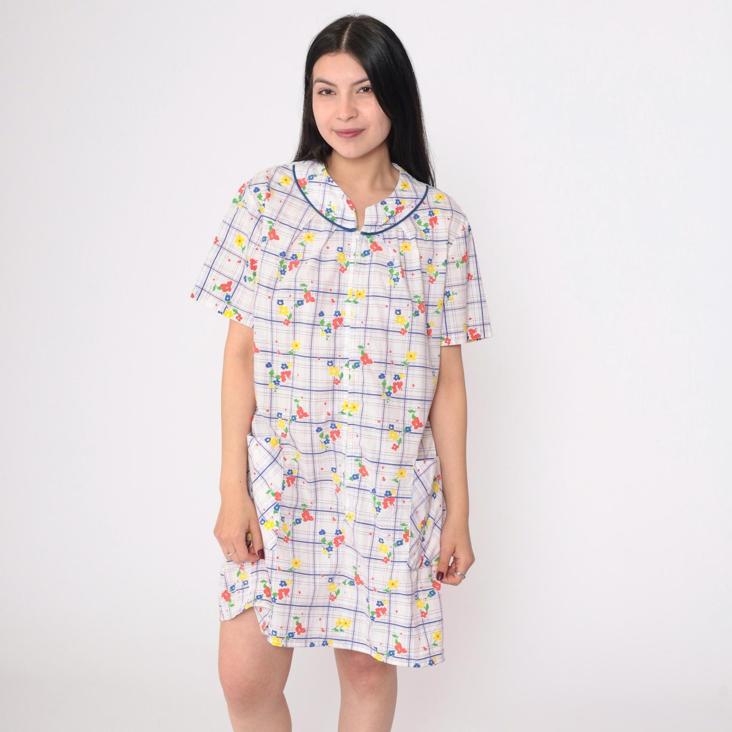 70s White Floral Shift Dress Mini Length Front Zip Pockets Large