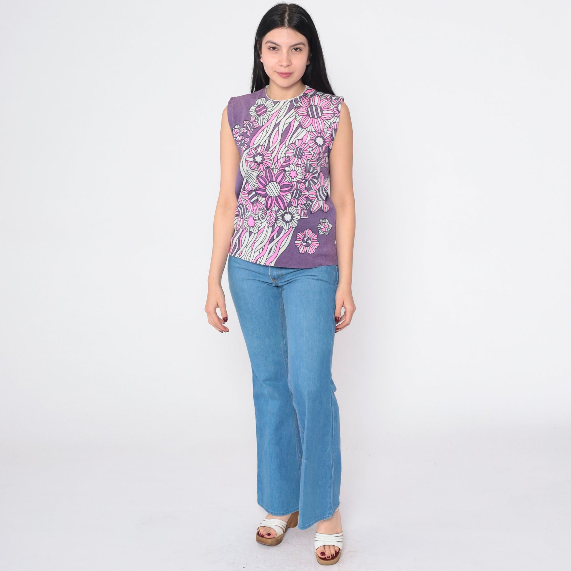 70s Purple Floral Tank Top Mod Flower Print Sleeveless Blouse Medium